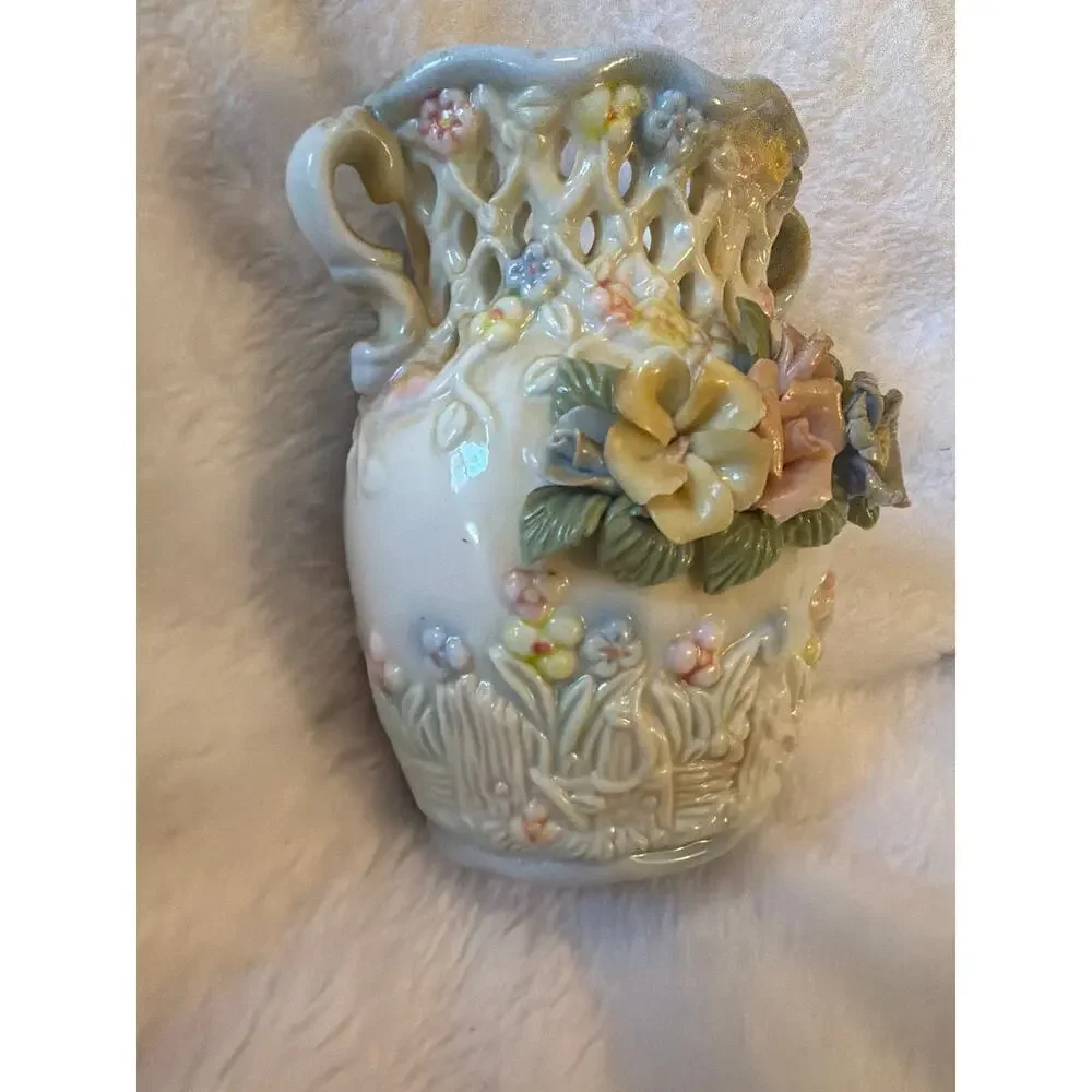 Vintage Porcelain Floral Vase Openwork Lattice Double Handle Pastel Flowers